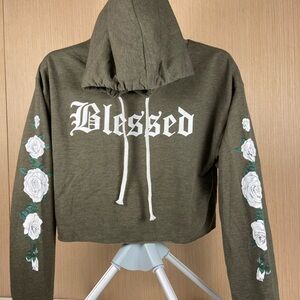 Blessed Cropped Hoodie Floral Sleeve Graphic Olive Green XL NEW